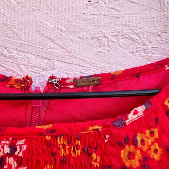 Free People Red Floral Smocked Puff Sleeve Mini Babydoll Chiffon Dress - Picture 2 of 4